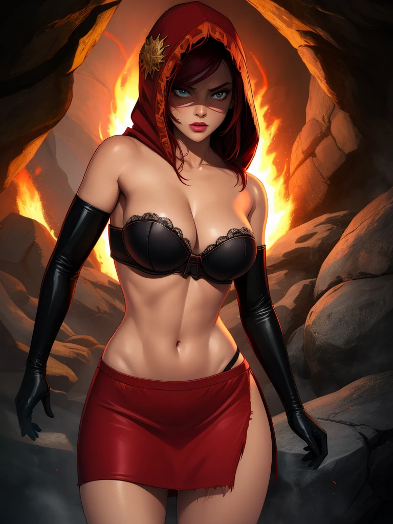 Dsorceress, redhair, shadowy face,dark cave, fire, hood, shadowed face, strapless bra, slim and athletic body, miniskirt, no panty, elbow gloves, dark skin, 1 girl (insanely detailed, masterpiece, best quality)