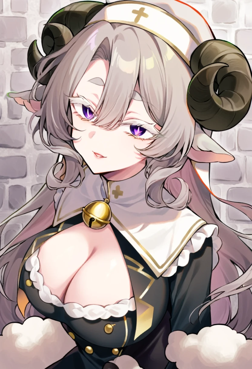 score_9, score_8_up, score_7_up, score_6_up, stone wall background,1girl, solo, ((masterpiece), best quality, expressive eyes, perfect face, sheep horns curls around ears, sheep ears, nun, stylized nun uniform, fancy patterns on uniform, pale skin, cute girl, busty girl, sheep girl, sheep bell, dill hair, thick eyebrows, soft eyes, thick eyelashes, lace 