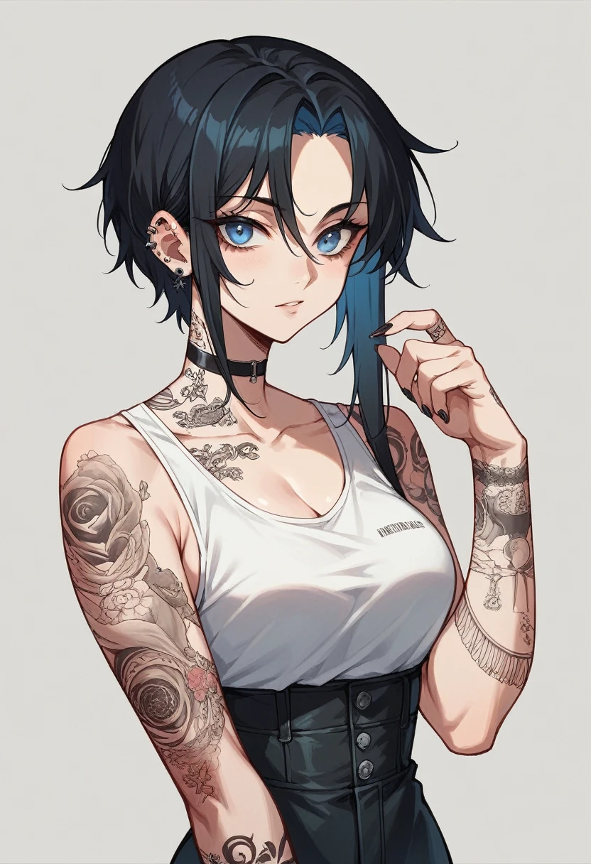 Long black hair,blue eyes,tattoos, piercings, six-pack, female,tall, anime