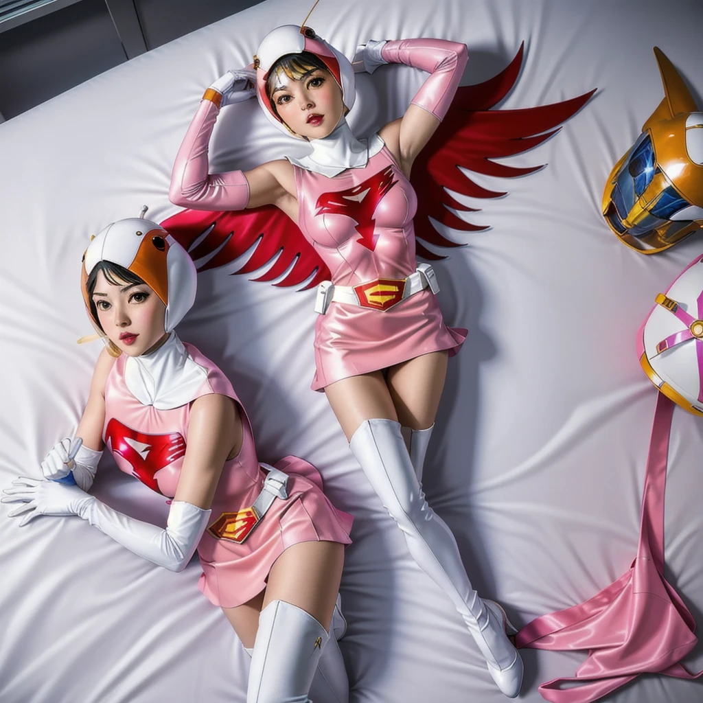 ANI_CLASSIC_jun_gatchaman_ownwaifu,1girl, , good anatomy, masterpiece, best quality, realistic, hyper realistic, 16k hdr,large breasts, lipstick, makeup, gloves, cape, helmet, belt, elbow gloves, white gloves, mask, ultra miniskirt, leotard, spacesuit, white tight overknee highheel boots, pink dress, superhero, bodysuit, cleavage, erected nipples,((lying flat pose, lie on bed,view from above)