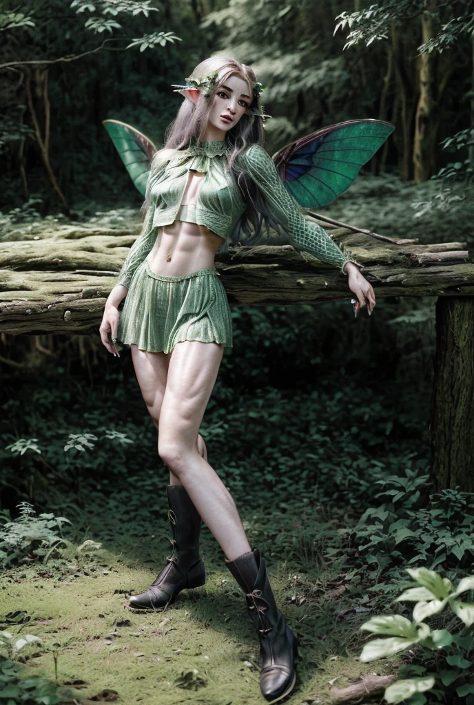 araffe fairy in green dress posing on a wooden bench, forest fae, forest fairy, insect trainer girl, very beautiful elven top model, fantasy photoshoot, fantasy style clothing, fey queen of the summer forest, faerie, dryad in the forest, fantasy outfit, fae teenage girl, brunette elf with fairy wing, muscular, abs, muscles, perfect face
