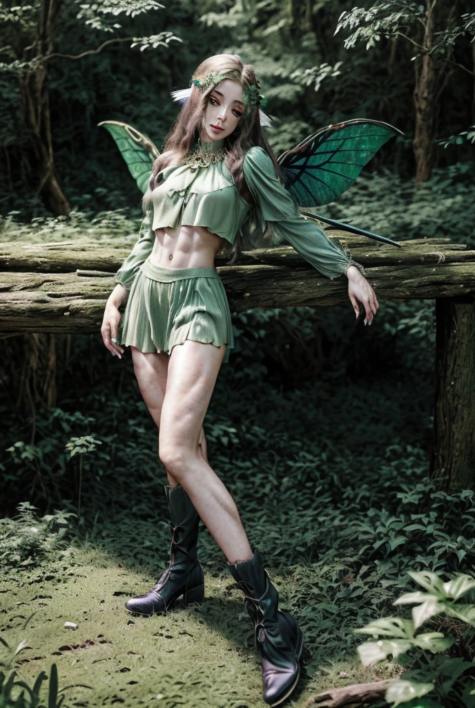 araffe fairy in green dress posing on a wooden bench, forest fae, forest fairy, insect trainer girl, very beautiful elven top model, fantasy photoshoot, fantasy style clothing, fey queen of the summer forest, faerie, dryad in the forest, fantasy outfit, fae teenage girl, brunette elf with fairy wing, muscular, abs, muscles, perfect face