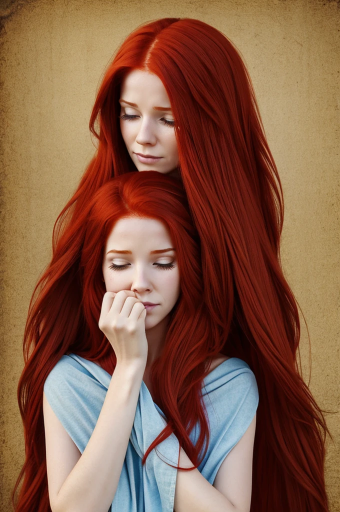 Cartoon long red haired woman with ears and tail The eyes are covered with cloth on both sides. Crying out with sadness