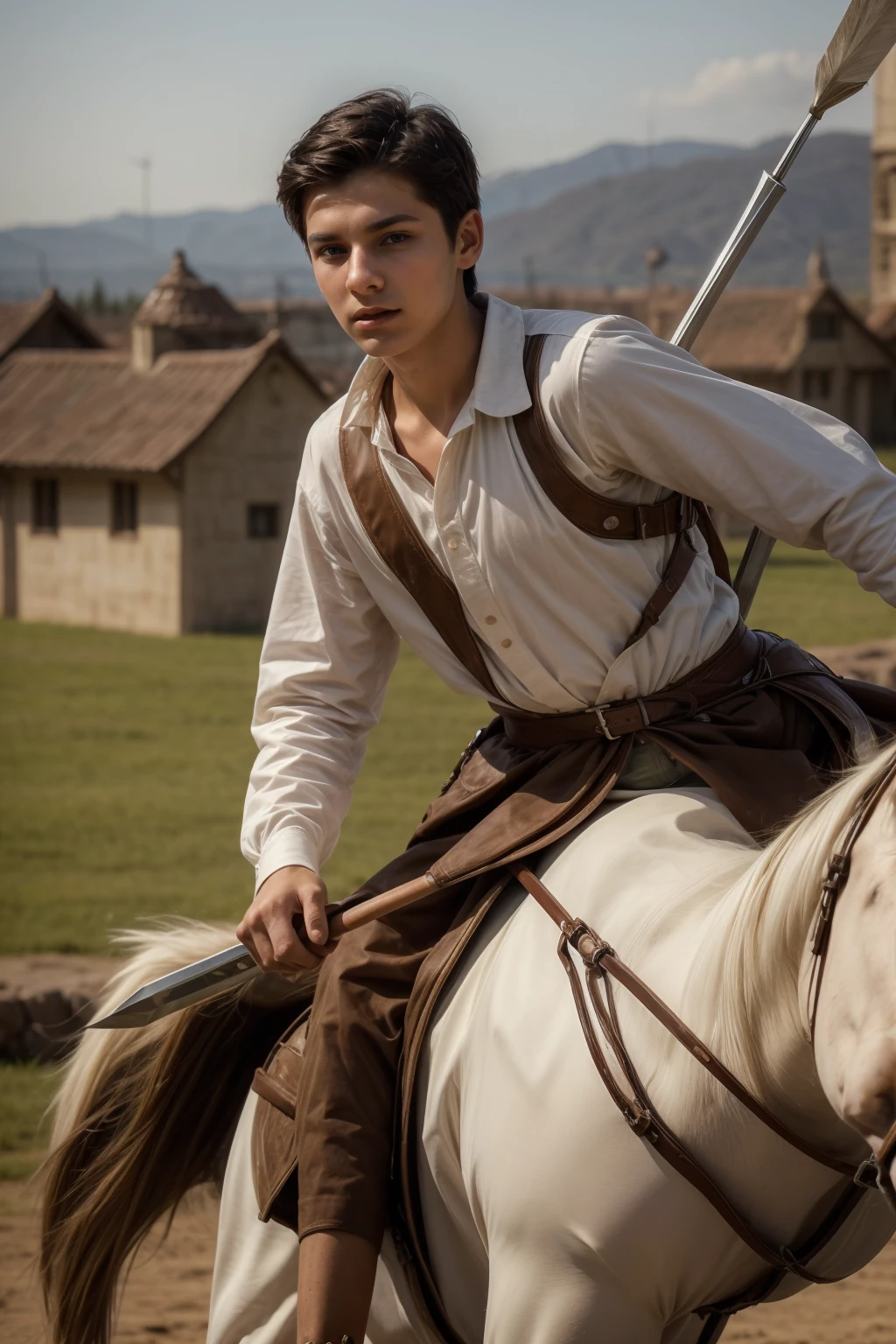 A cute twink male with a face with make-up and black hair. He is wearing a long-sleeved white shirt and brown pants. He is riding a horse and is on the battlefield fighting against the army. He has a sword, shield and arrows in his hand.