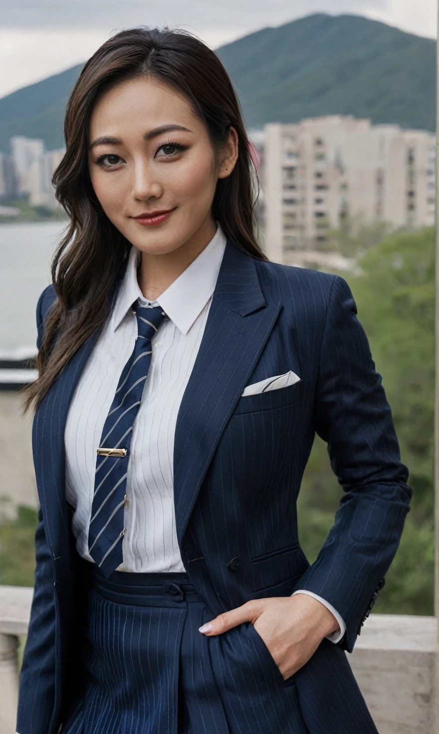 a beautiful picture of fukuharaXL ,woman,detailed skin texture,masterpiece, photorealistic, light, RAW color photo,(fully in frame:1.1), (blush:0.5), (goosebumps:0.5),(((navy pinstripe silk skirt suit))), (((three-piece suit))), (((dress shirt))), (((necktie))), (((blazer))), (((suit jacket))), ((waistcoat)), double-breasted waistcoat, (((bodycon miniskirt))), pocket square, cufflinks, tie clip,detailed face,outdoors, (smile:0.5), film grain,cinematic lightning,fujifilm ,detailed eyes,camera, smile, office background, hair down, makeup, lipstick, mascara, eyeliner eyeshadow