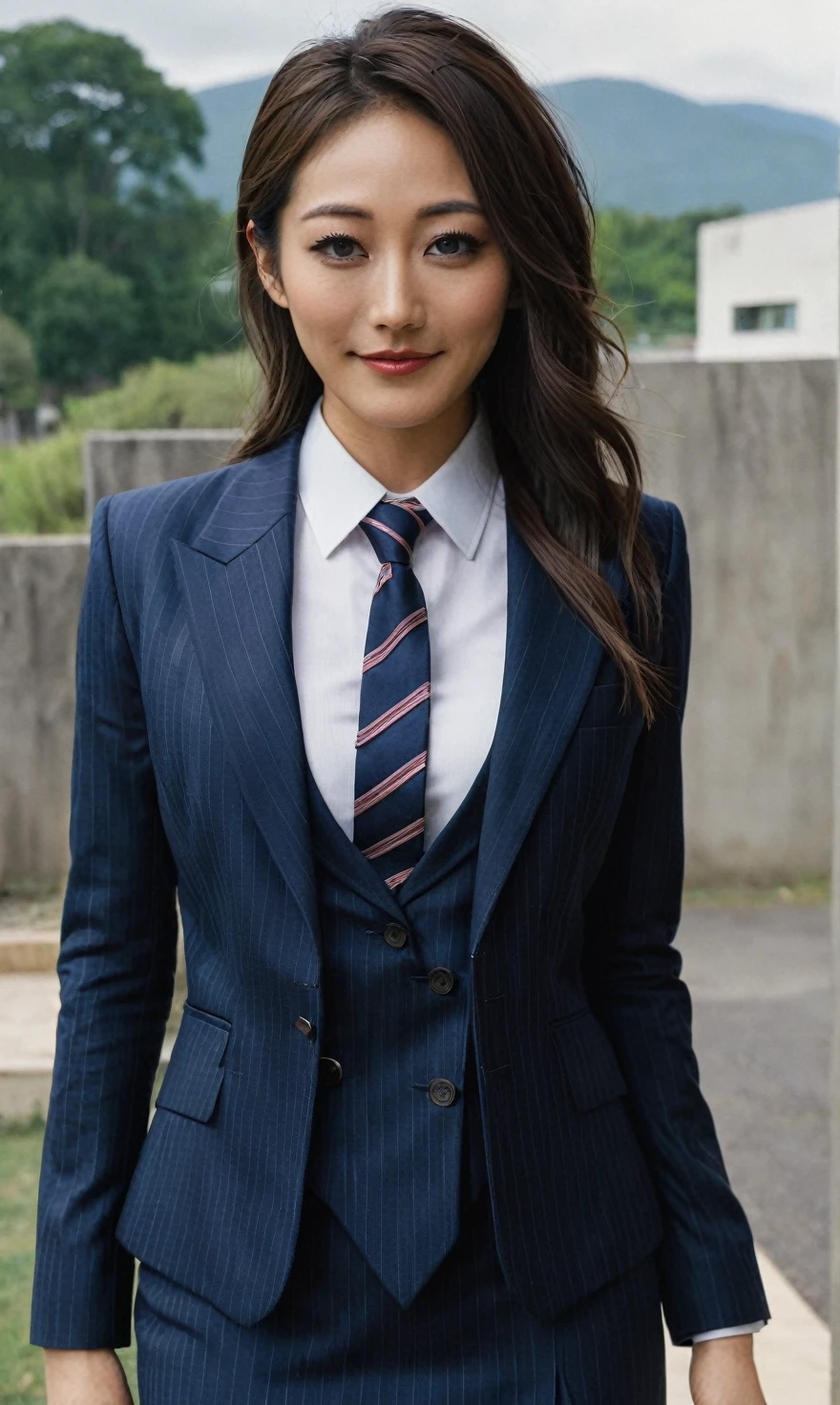 a beautiful picture of fukuharaXL ,woman,detailed skin texture,masterpiece, photorealistic, light, RAW color photo,(fully in frame:1.1), (blush:0.5), (goosebumps:0.5),(((navy pinstripe silk skirt suit))), (((three-piece suit))), (((dress shirt))), (((necktie))), (((blazer))), (((suit jacket))), ((waistcoat)), double-breasted waistcoat, (((bodycon miniskirt))), pocket square, cufflinks, tie clip,detailed face,outdoors, (smile:0.5), film grain,cinematic lightning,fujifilm ,detailed eyes,camera, smile, office background, hair down, makeup, lipstick, mascara, eyeliner eyeshadow