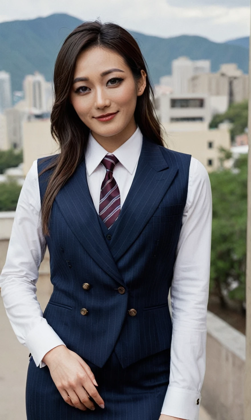 a beautiful picture of fukuharaXL ,woman,detailed skin texture,masterpiece, photorealistic, light, RAW color photo,(fully in frame:1.1), (blush:0.5), (goosebumps:0.5),(((navy pinstripe silk skirt suit))), (((three-piece suit))), (((dress shirt))), (((necktie))), (((blazer))), (((suit jacket))), ((waistcoat)), double-breasted waistcoat, (((bodycon miniskirt))), pocket square, cufflinks, tie clip,detailed face,outdoors, (smile:0.5), film grain,cinematic lightning,fujifilm ,detailed eyes,camera, smile, office background, hair down, makeup, lipstick, mascara, eyeliner eyeshadow