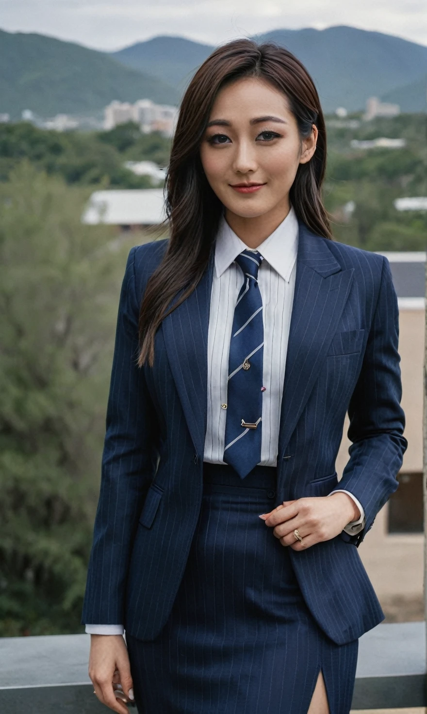 a beautiful picture of fukuharaXL ,woman,detailed skin texture,masterpiece, photorealistic, light, RAW color photo,(fully in frame:1.1), (blush:0.5), (goosebumps:0.5),(((navy pinstripe silk skirt suit))), (((three-piece suit))), (((dress shirt))), (((necktie))), (((blazer))), (((suit jacket))), ((waistcoat)), double-breasted waistcoat, (((bodycon miniskirt))), pocket square, cufflinks, tie clip,detailed face,outdoors, (smile:0.5), film grain,cinematic lightning,fujifilm ,detailed eyes,camera, smile, office background, hair down, makeup, lipstick, mascara, eyeliner eyeshadow