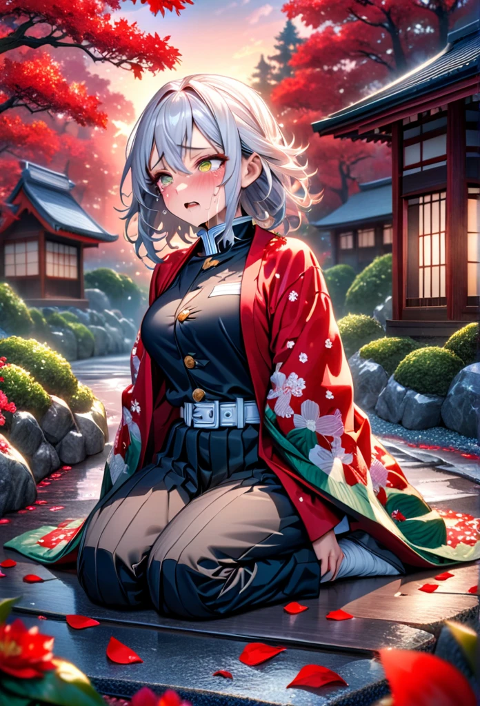 Ultra detailed, high resolution, absurd, HDR, masterpiece, anime girl, beautiful woman, long white hair with red streaks, red streaks of hair, expressive yellow eyes, all red haori, black demon slayer uniform, wearing black pants, Kimetsu No Yaiba, fantasy, petals, red flowers, beautiful, woman kneeling on the ground, alone, sunrise, forest next to a Japanese house, best quality, extremely detailed face and eyes, crying, in pain, panic attack