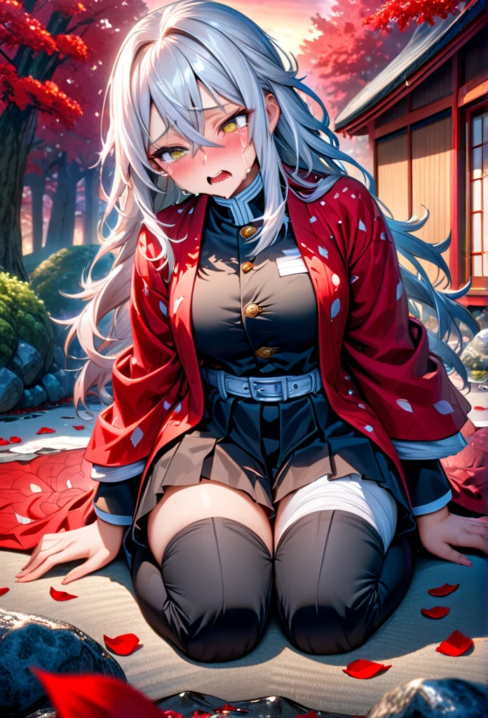 Ultra detailed, high resolution, absurd, HDR, masterpiece, anime girl, beautiful woman, long white hair with red streaks, red streaks of hair, expressive yellow eyes, all red haori, black demon slayer uniform, wearing black pants, Kimetsu No Yaiba, fantasy, petals, red flowers, beautiful, woman kneeling on the ground, alone, sunrise, forest next to a Japanese house, best quality, extremely detailed face and eyes, crying, in pain, panic attack