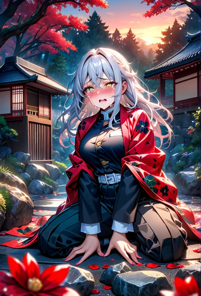 Ultra detailed, high resolution, absurd, HDR, masterpiece, anime girl, beautiful woman, long white hair with red streaks, red streaks of hair, expressive yellow eyes, all red haori, black demon slayer uniform, wearing black pants, Kimetsu No Yaiba, fantasy, petals, red flowers, beautiful, woman kneeling on the ground, alone, sunrise, forest next to a Japanese house, best quality, extremely detailed face and eyes, crying, in pain, panic attack