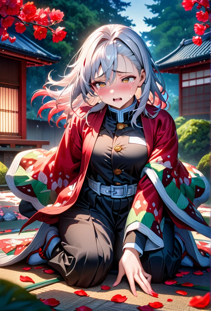 Ultra detailed, high resolution, absurd, HDR, masterpiece, anime girl, beautiful woman, long white hair with red streaks, red streaks of hair, expressive yellow eyes, all red haori, black demon slayer uniform, wearing black pants, Kimetsu No Yaiba, fantasy, petals, red flowers, beautiful, woman kneeling on the ground, alone, sunrise, forest next to a Japanese house, best quality, extremely detailed face and eyes, crying, in pain, panic attack