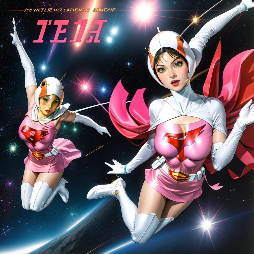 ANI_CLASSIC_jun_gatchaman_ownwaifu,1girl, ,good anatomy, masterpiece, best quality,realistic, hyperrealistic, 16k hdr,breasts,green eyes,lips,large breasts,lipstick,makeup,gloves,cape,helmet,belt,elbow gloves,white gloves,mask,ultra miniskirt,leotard,spacesuit,white tight overknee highheels boots,pink dress,superhero,bodysuit,cleavage,erected nipples,((jumping poses)),cameltoe