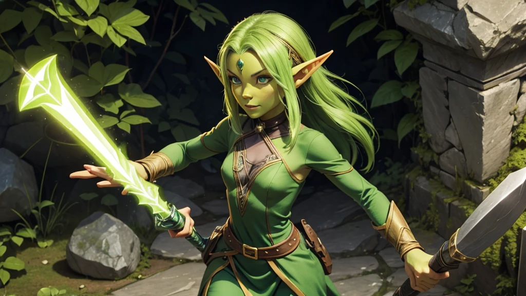 a small green-skinned elf woman with a sharp stone