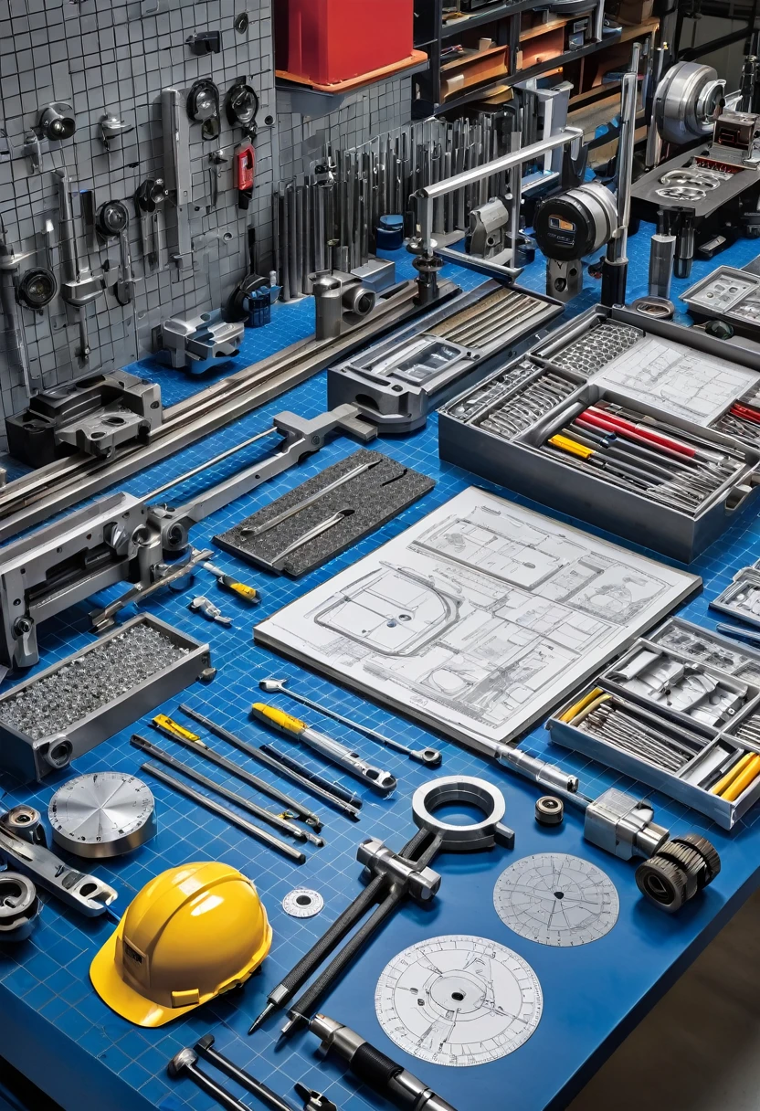 An engineering workbench is filled with carefully arranged machined metal parts. Spread out on the workbench are several detailed technical drawings, with clearly visible lines and dimensions. Alongside the drawings, various metrological tools such as calipers, micrometers and gauges are arranged, ready for use. The background of the image should show a workshop environment, with machines and machining equipment in the background, highlighting the industrial and technical environment.