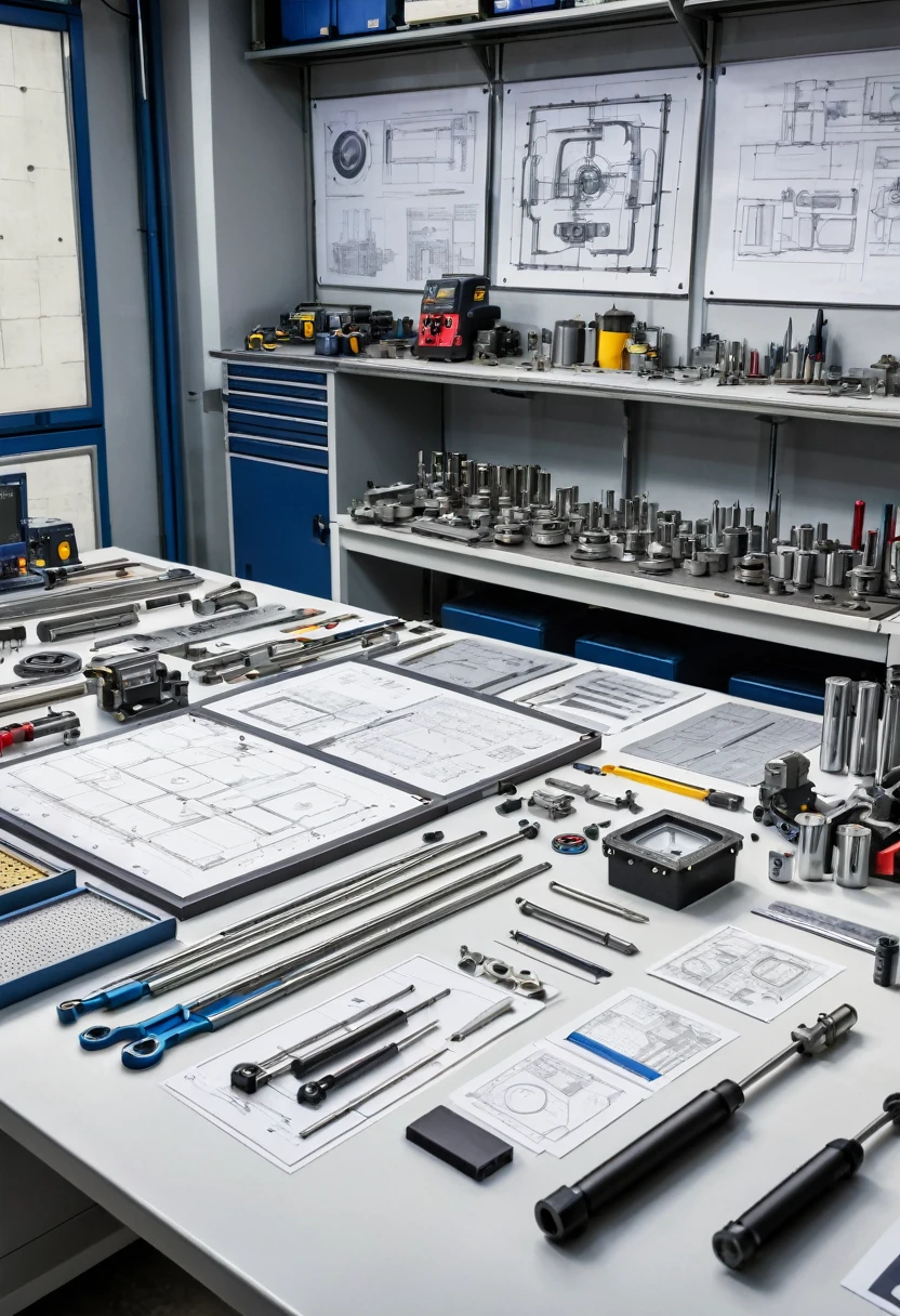 An engineering workbench is filled with carefully arranged machined metal parts. Spread out on the workbench are several detailed technical drawings, with clearly visible lines and dimensions. Alongside the drawings, various metrological tools such as calipers, micrometers and gauges are arranged, ready for use. The background of the image should show a workshop environment, with machines and machining equipment in the background, highlighting the industrial and technical environment.