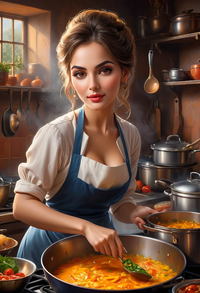 a woman cooking a meal in the kitchen, intricate details, highly realistic, cinematic lighting, warm color tones, cooking utensils, prepared ingredients, steam coming from the pots, focused expression on the woman's face, beautiful detailed eyes, beautiful detailed lips, extremely detailed eyes and face, long eyelashes, 1 woman, oil painting, photorealistic, 8k, best quality, masterpiece, ultra-detailed, physically-based rendering, professional, vivid colors