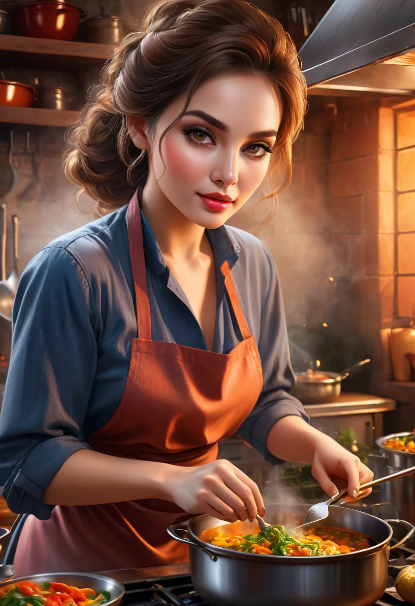 a woman cooking a meal in the kitchen, intricate details, highly realistic, cinematic lighting, warm color tones, cooking utensils, prepared ingredients, steam coming from the pots, focused expression on the woman's face, beautiful detailed eyes, beautiful detailed lips, extremely detailed eyes and face, long eyelashes, 1 woman, oil painting, photorealistic, 8k, best quality, masterpiece, ultra-detailed, physically-based rendering, professional, vivid colors