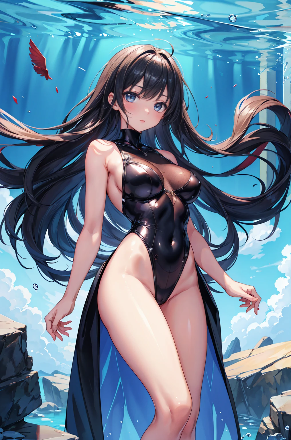 (lady's_whole_body_is_underwater),(standing),(front_view,view_straight),(clear_face,expressionless), break (super_long_black_hair:1.1),shiny_hair, break, super_highleg,black_Leotard,turtleneck, break, Shiny_skin,gleaming_skin, break, Large_breasts,skinny_female, break, bare_shoulders,bare_arms,bare_hand,bare_parm,bare_finger_bare_legs,bare_foot, break, 1lady,solo,dynamic_lighting,dispersion_light,caustics,8K,large_filesize,illustration,beautiful_detailed_face,beautiful_detailed_glow,beautiful_detailed_girl,an_extremely_delicate_and_beautiful,very_high_resolution,finely_detail, 5fingers,five_fingers,