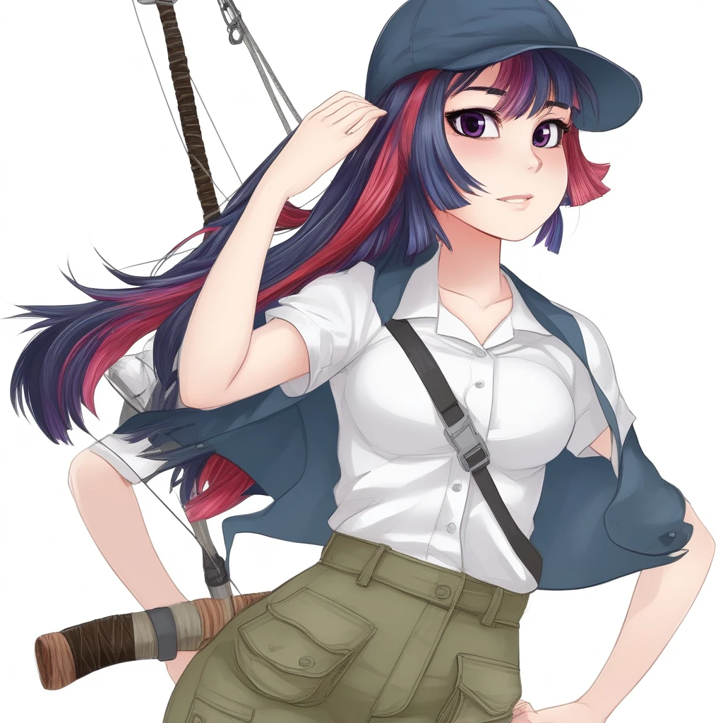 female fisherman character.  facial features, hair and eyes.  Detail your practical and comfortable clothing choices, including your white t-shirt, olive green cargo pants, navy blue vest, and rubber boots.  anime style, 2D, 2D anime.  looking to the right,  ~*~aesthetic~*~, *~cinematic~*~ (masterpiece, top quality, best quality, official art, beautiful and aesthetic:1.2), (1girl), extremely detailed,(fractal art:1.1),(colorful:1.1) highest detailed,(zentangle:1.2) 2D, waifu