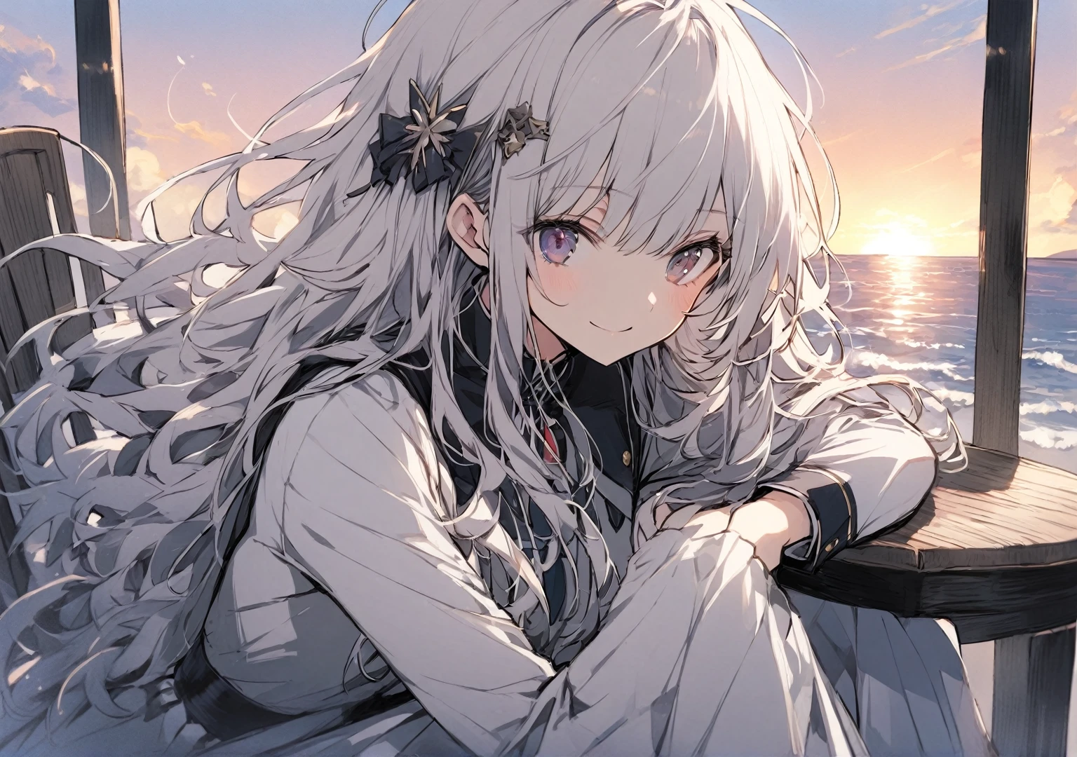 One girl, bangs, Long Hair, Messy Hair, Slope_eye,  赤いeye、sunset、uniform、Sitting on a chair、smile、Fluttering Hair、Large hair ornament、Silver Hair、dress