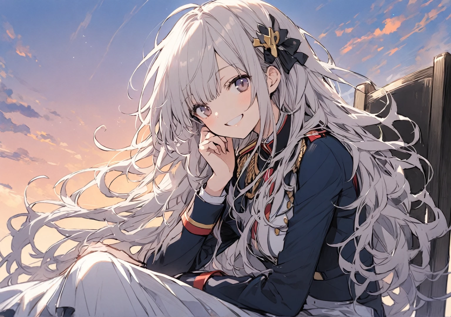 One girl, bangs, Long Hair, Messy Hair, Slope_eye,  赤いeye、sunset、uniform、Sitting on a chair、smile、Fluttering Hair、Large hair ornament、Silver Hair、dress