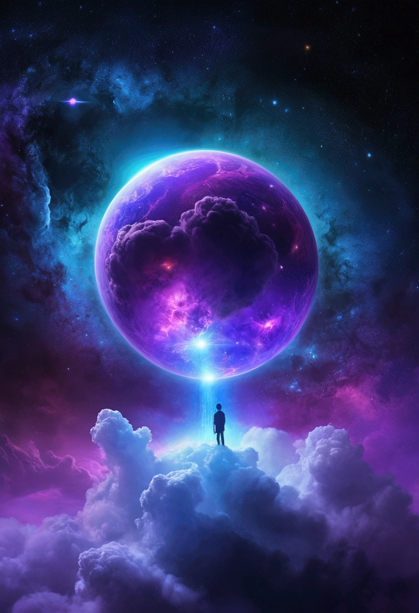 a close-up of a person in a cloud with a planet in the background, surreal space, cosmic illumination, beep masterpiece, floating in front of a nebula, Ethereal Astral, cosmic entity, arte do bipe, magical colors and atmosphere, alone in a nebula, Surreal mystical atmosphere, sitting in cosmic cloudscape, fantasy space, violet planet