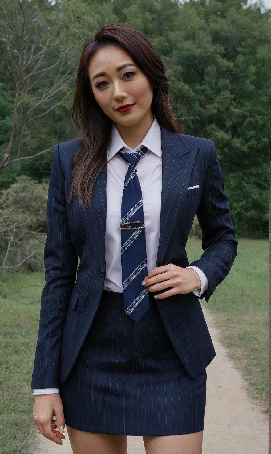 a beautiful picture of fukuharaXL ,woman,detailed skin texture,masterpiece, photorealistic, light, RAW color photo,(fully in frame:1.1), (blush:0.5), (goosebumps:0.5),(((navy pinstripe silk skirt suit))), (((three-piece suit))), (((dress shirt))), (((necktie))), (((blazer))), (((suit jacket))), ((waistcoat)), double-breasted waistcoat, (((bodycon miniskirt))), pocket square, cufflinks, tie clip,detailed face,outdoors, (smile:0.5), film grain,cinematic lightning,fujifilm ,detailed eyes,camera, smile, office background, hair down, makeup, lipstick, mascara, eyeliner eyeshadow, blowjob, oral sex, deepthroat, fellatio, solo scene,