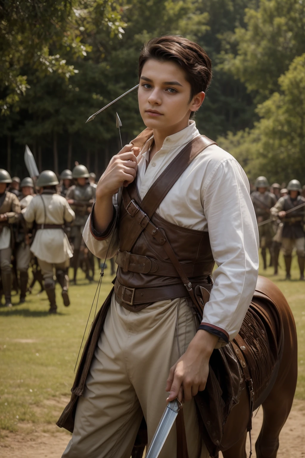 A cute twink male with a face with make-up and black hair. He is wearing a long-sleeved white shirt and brown pants. He is riding a horse and is on the battlefield fighting against the army. He has a sword, shield and arrows in his hand.