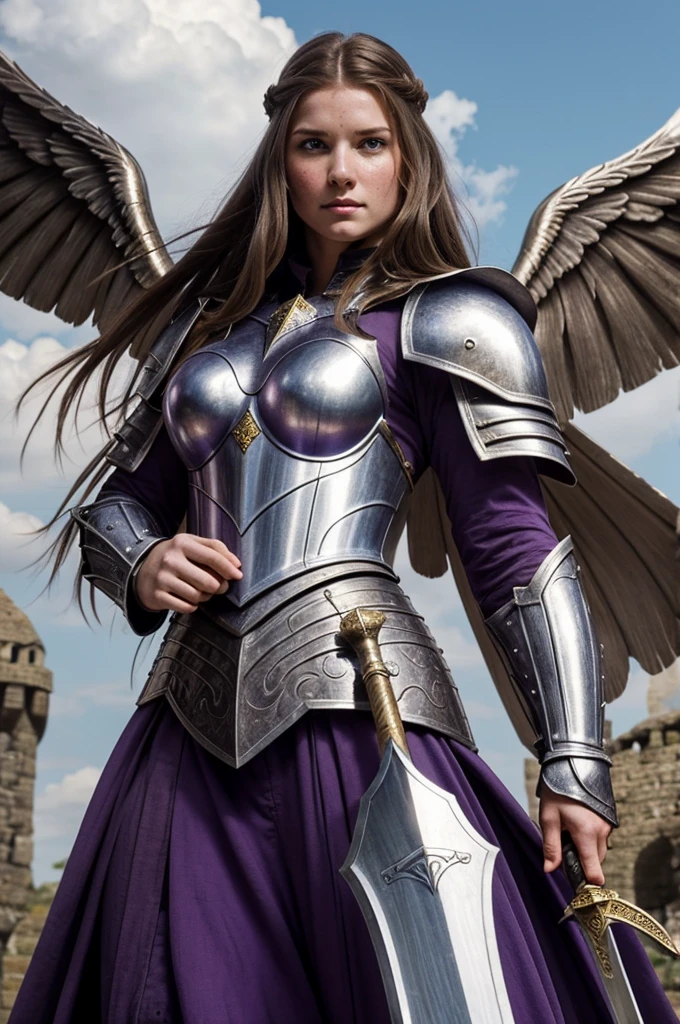 Setting set in medieval times.
Beautiful white-skinned woman with freckles with huge gray wings, Brown hair, with an angry face, with a small violet diamond impregnated on his forehead, in armor holding a great sword that radiates a violet light