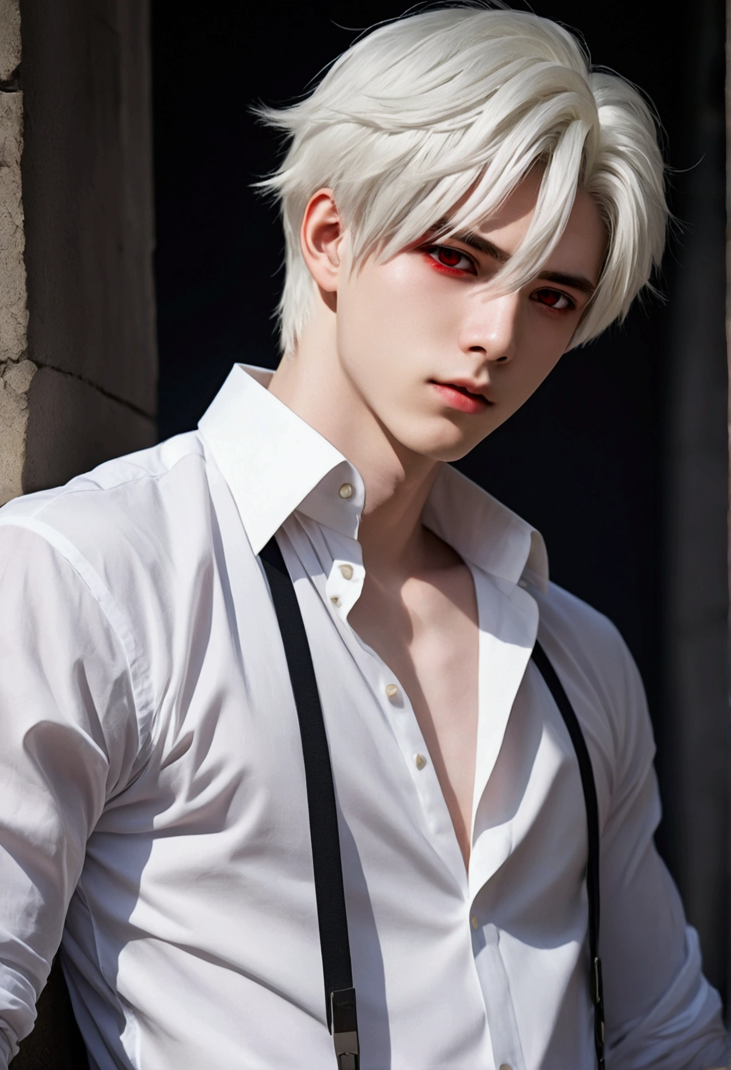 An anime style boy with short white hair., Red eyes, pale skin, elegant, attractive, wearing a loose white shirt. ((High anime quality)), ((suave))