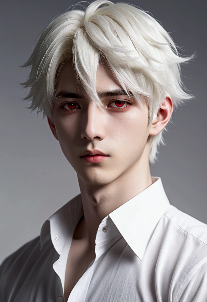 An anime style boy with short white hair., Red eyes, pale skin, elegant, attractive, wearing a loose white shirt. ((High anime quality)), ((suave))