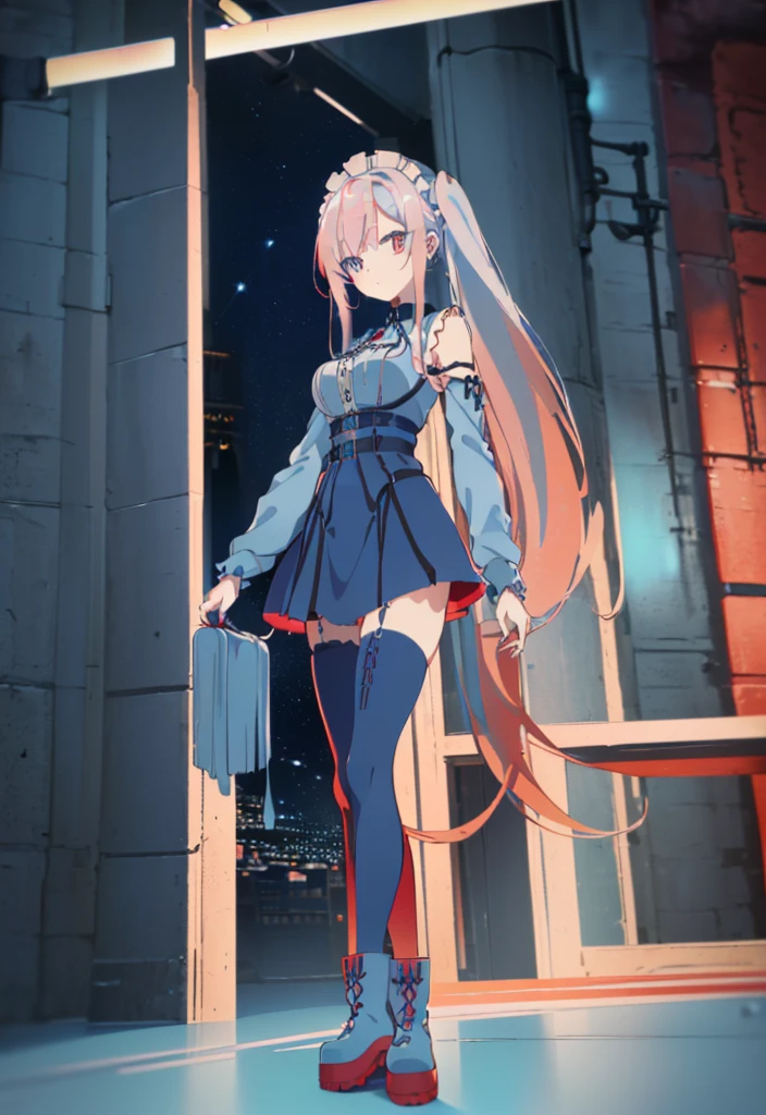 ((split-color hair , red hair , light blue hair)),[(cathedral background:1.4)::5],original,(illustration:1.1),(best quality),(masterpiece:1.1),(extremely detailed CG unity 8k wallpaper:1.1), (colorful:0.9),(mid shot:0.95),(full body:1.5),Dynamic angle,(solo:1.2), (girl),((adult)), (detailed beautiful eyes:1.15), (beautiful face:1.15), (glowing red eyes:1.25////),((medium hair)),((split-color hair , red hair , light blue hair)),(high twintails),(chignon),(+perfect hand+:1.21),(Draw an illustration of a gothic girl),(Religious),(slender),(is wearing boots on her feet),((is wearing white maid clothes)),(furious), Lace Off-shoulder lolita fashion,beautiful slender woman,high twintails,full body,mini skirt,((split-color hair , red hair , light blue hair)),((black long boots)),((mini skirt)),((adult)),((dynamic angle)),((split-color hair , red hair , light blue hair)),((split-color hair , red hair , light blue hair)),((black long boots)),((black long boots)),((split-color hair , red hair , light blue hair)),((split-color hair , red hair , light blue hair)),