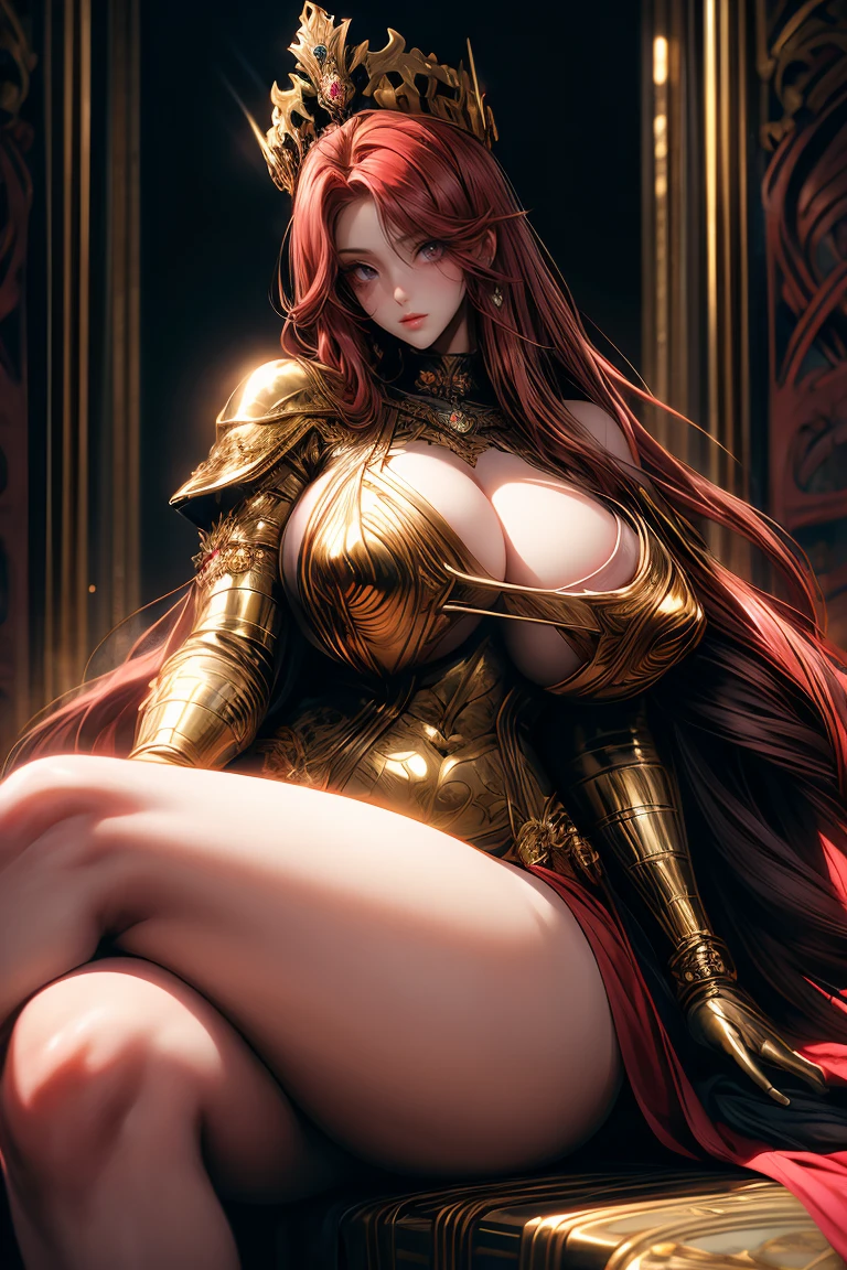 young intricate woman in royal palace, beautiful woman, long red hair, dark red hair, deep red hair, deep dark black eyes, wearing a  golden crown, white skinned, sitting on a golden majestic throne, wide angle lens f/2.8, ultra insane high resolution intricate textures, texture indentation, perfect perspective, perfect geometry, ultra insane ambient lighting, ultra insane ambient shadows, wearing full pink colored clothes, ???? clothes, luminism, ultra detailed busy background, tessellation, maximalism, perfectionism, IPA Award wining masterpiece, curvy figured woman, seductive figure.