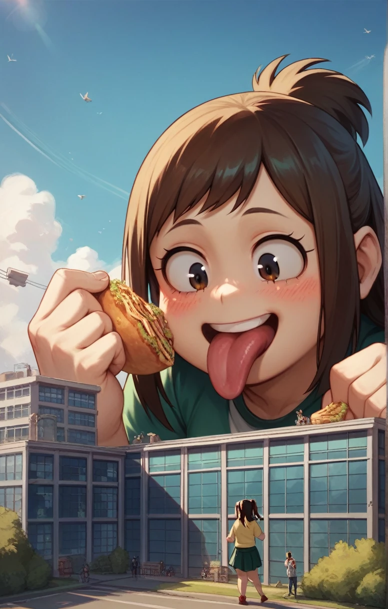 Inko Midoriya from My Hero Academia, My Hero Academia style, giantess, open mouth, blush, smile, giant tongue, eating people