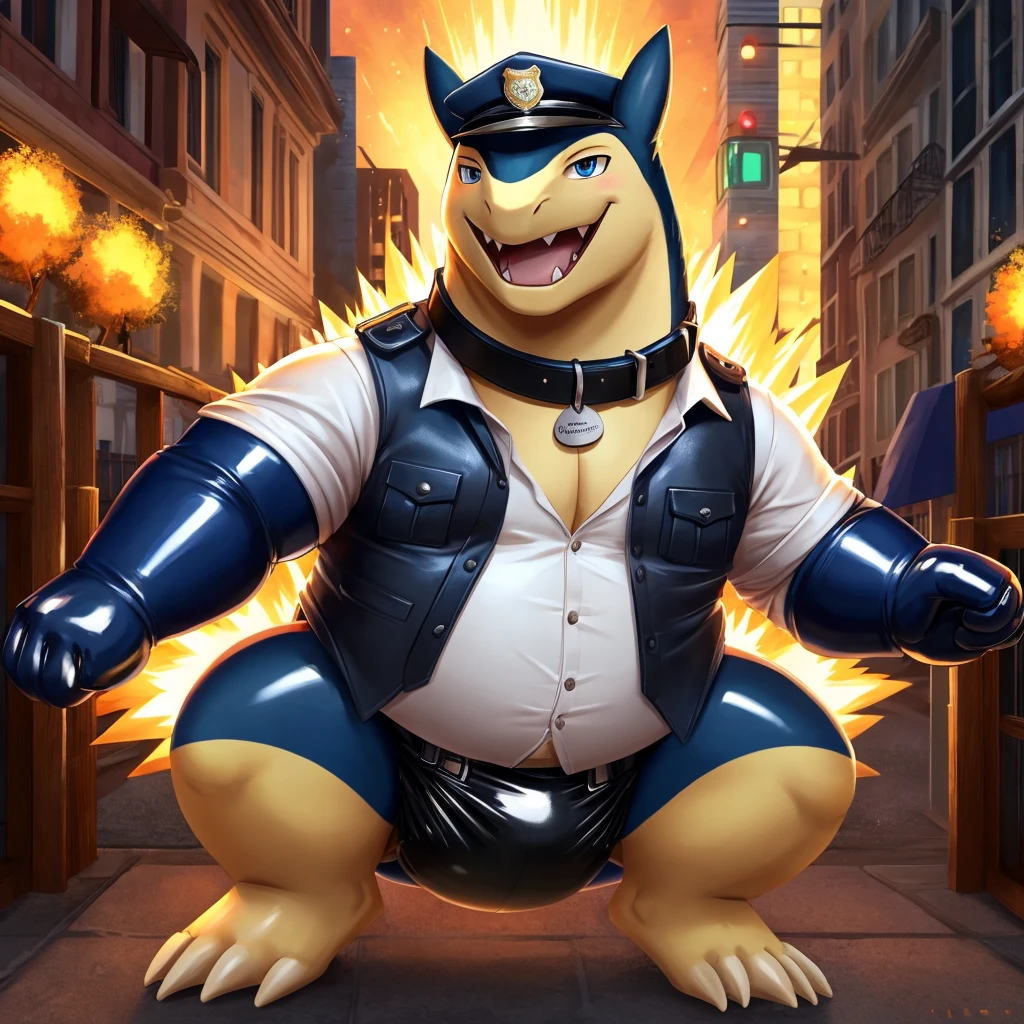 Solo, Male, fat, squatting, extremely obese, gentleman, dapper Typhlosion, pooping in diaper, blue eyes, (soft shading), 4k, hi res, ((detailed face, detailed)), looking at viewer, evil grin, police station, collared shirt with buttons, hat, male focus, Police Uniform, glasses, monocle, vest with buttons, sleeves rolled up, round eyewear, headwear, vest, Typhlosion is wearing a glossy leather dog collar around the neck, Typhlosion is wearing the leather collar and shirt and vest at the same time, Typhlosion is wearing glossy white rubber gloves on the hands, wearing white rubber gloves on the feet, gloves are rubber in texture, mouth wide open, evil laugh, clenching fists, leather collar is glossy and shiny with a lot of detail, Typhlosion is wearing gloves and leather collar at the same time, leather collar has a round dog-tag, leather collar is thick and detailed, white rubber gloves on the feet, Typhlosion is wearing gloves and leather collar at the same time, leather collar has a round dog-tag, leather collar is thick and detailed, leather collar is glossy and shiny, fancy clothing, dapper vest, dapper shirt, leather collar is thick, glossy leather collar, Typhlosion is wearing a dirty diaper