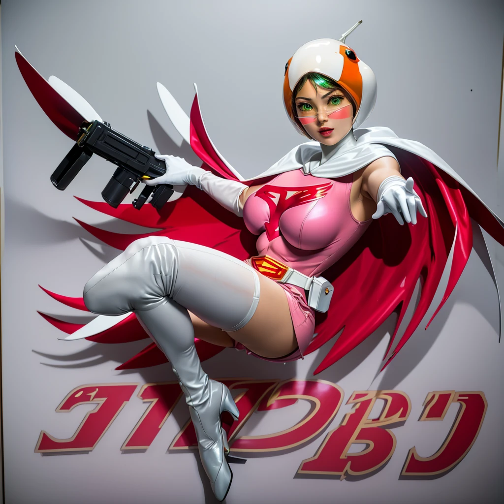 ANI_CLASSIC_jun_gatchaman_ownwaifu,1girl, 15 years old,good anatomy, masterpiece, best quality,realistic, hyperrealistic, 16k hdr,breasts,green eyes,lips,large breasts,lipstick,makeup,gloves,cape,helmet,belt,elbow gloves,white gloves,mask,ultra miniskirt,leotard,spacesuit,white tight overknee highheels boots,pink dress,superhero,bodysuit,cleavage,erected nipples,((jumping poses)),cameltoe