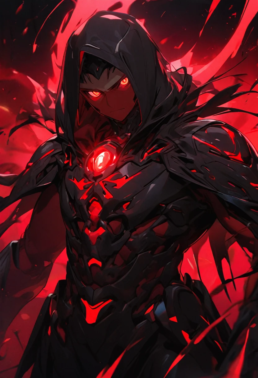 Glowing red black man with bioluminescence red eyes and background