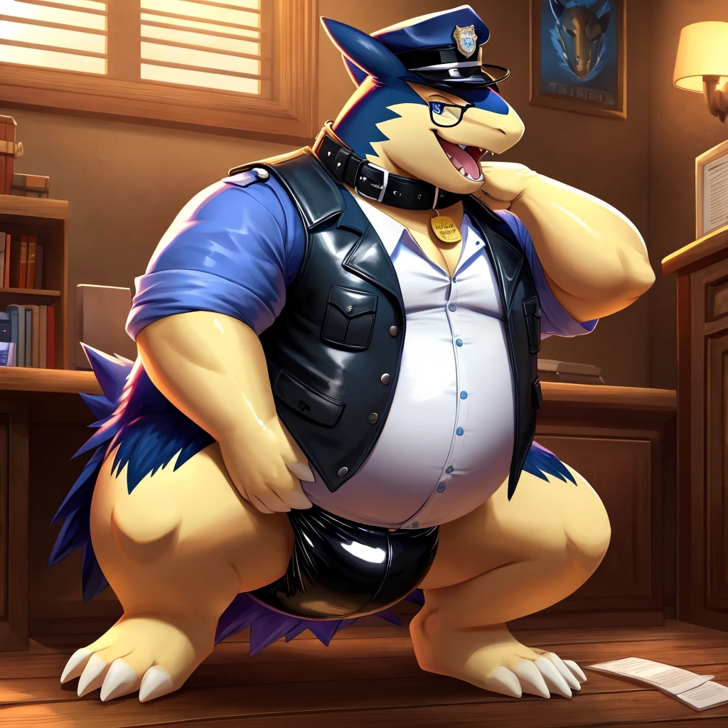 Solo, Male, fat, squatting, extremely obese, gentleman, dapper Typhlosion, pooping in diaper, blue eyes, (soft shading), 4k, hi res, ((detailed face, detailed)), looking at viewer, evil grin, police station, collared shirt with buttons, hat, male focus, Police Uniform, glasses, monocle, vest with buttons, sleeves rolled up, round eyewear, headwear, vest, Typhlosion is wearing a glossy leather dog collar around the neck, Typhlosion is wearing the leather collar and shirt and vest at the same time, Typhlosion is wearing glossy white rubber gloves on the hands, wearing white rubber gloves on the feet, gloves are rubber in texture, mouth wide open, evil laugh, clenching fists, leather collar is glossy and shiny with a lot of detail, Typhlosion is wearing gloves and leather collar at the same time, leather collar has a round dog-tag, leather collar is thick and detailed, white rubber gloves on the feet, Typhlosion is wearing gloves and leather collar at the same time, leather collar has a round dog-tag, leather collar is thick and detailed, leather collar is glossy and shiny, fancy clothing, dapper vest, dapper shirt, leather collar is thick, glossy leather collar, Typhlosion is wearing a dirty diaper