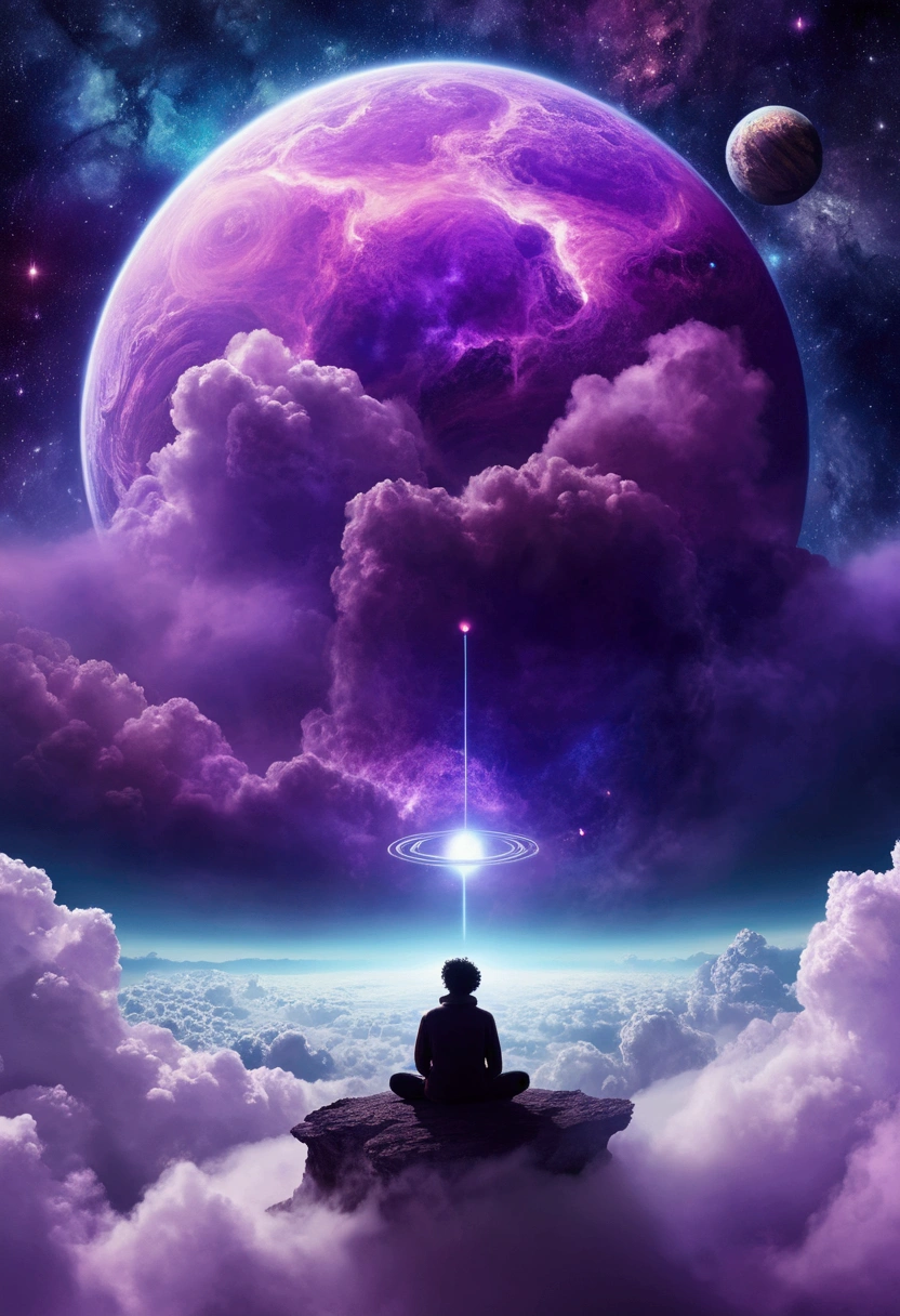 a close-up of a person in a cloud with a planet in the background, surreal space, cosmic illumination, beep masterpiece, floating in front of a nebula, Ethereal Astral, cosmic entity, arte do bipe, magical colors and atmosphere, alone in a nebula, Surreal mystical atmosphere, sitting in cosmic cloudscape, fantasy space, violet planet