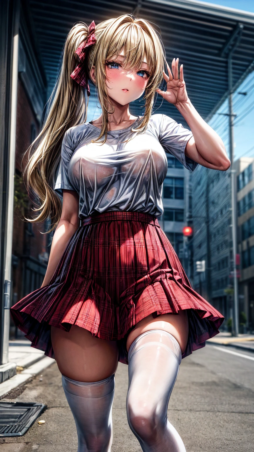 1girl,masterpiece,best quality,blonde hair,(ponytails),blue eyes,(white stockings),(red plaid skirt),short skirt,standing,in full length,medium breasts,white t shirt,in front of streets,extremely detailed,[[realistic]],beautiful alluring anime teen,seductive anime girl,waving skirt