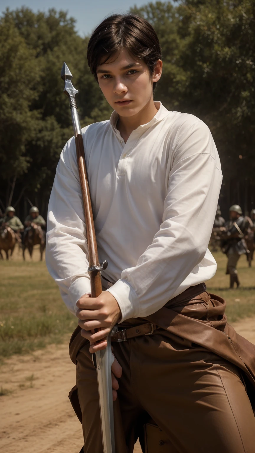 A cute twink male with a face with make-up and black hair. He is wearing a long-sleeved white shirt and brown pants. He is riding a horse and is on the battlefield fighting against the army. He has a sword, shield and arrows in his hand.
