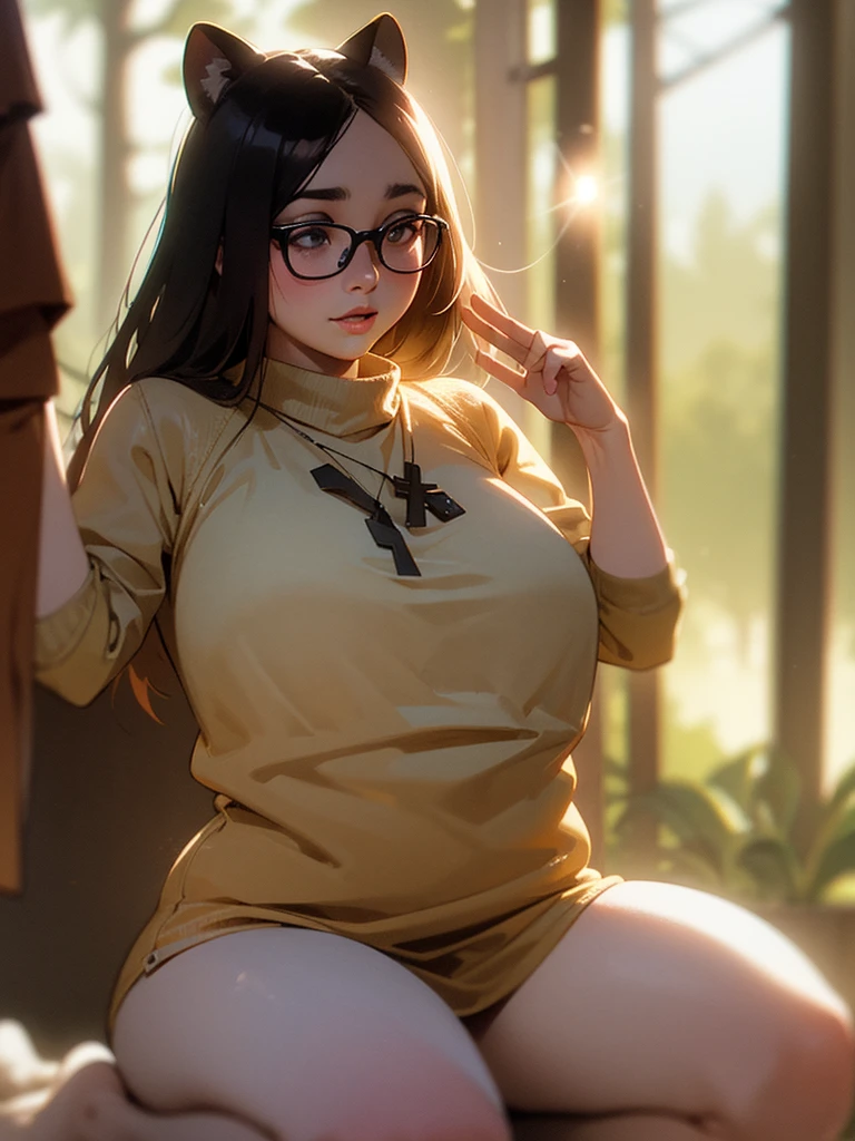 (Sumilux f1.4 75mm , low Latitude old color negative film , cross process , bokeh, flare, chromatic aberration , soft focus, (Shallow focus) , soft glow , Maximum aperture, High Key , Transparent depiction) , realistic female raccoon dog , butter face , two apart melons , Thick-rimmed glasses , in the foggy forest , clothed erotica , Kneeling and looking up to the sky , looking away , hands up , Open chest