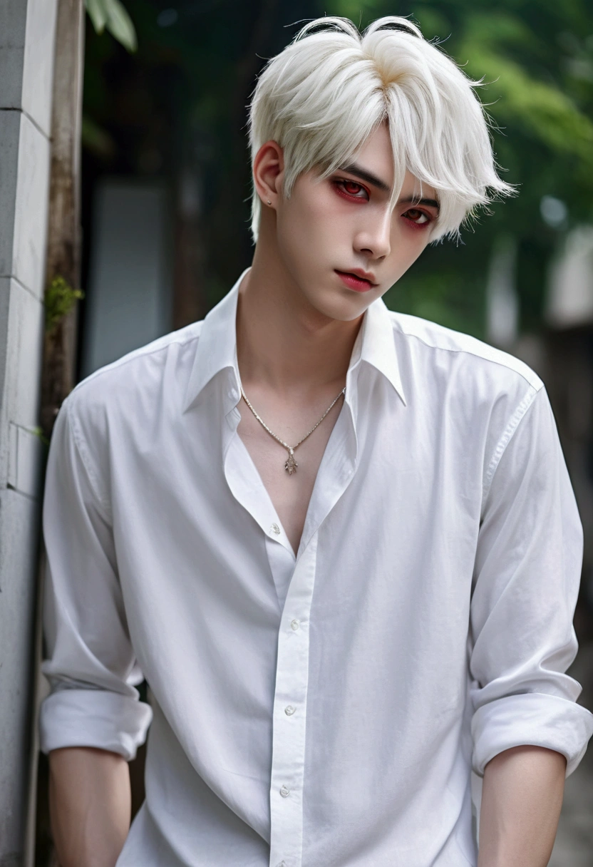 A boy with short white hair., Red eyes, pale skin, elegant, attractive, wearing a loose white shirt. ((High anime quality)), ((suave))