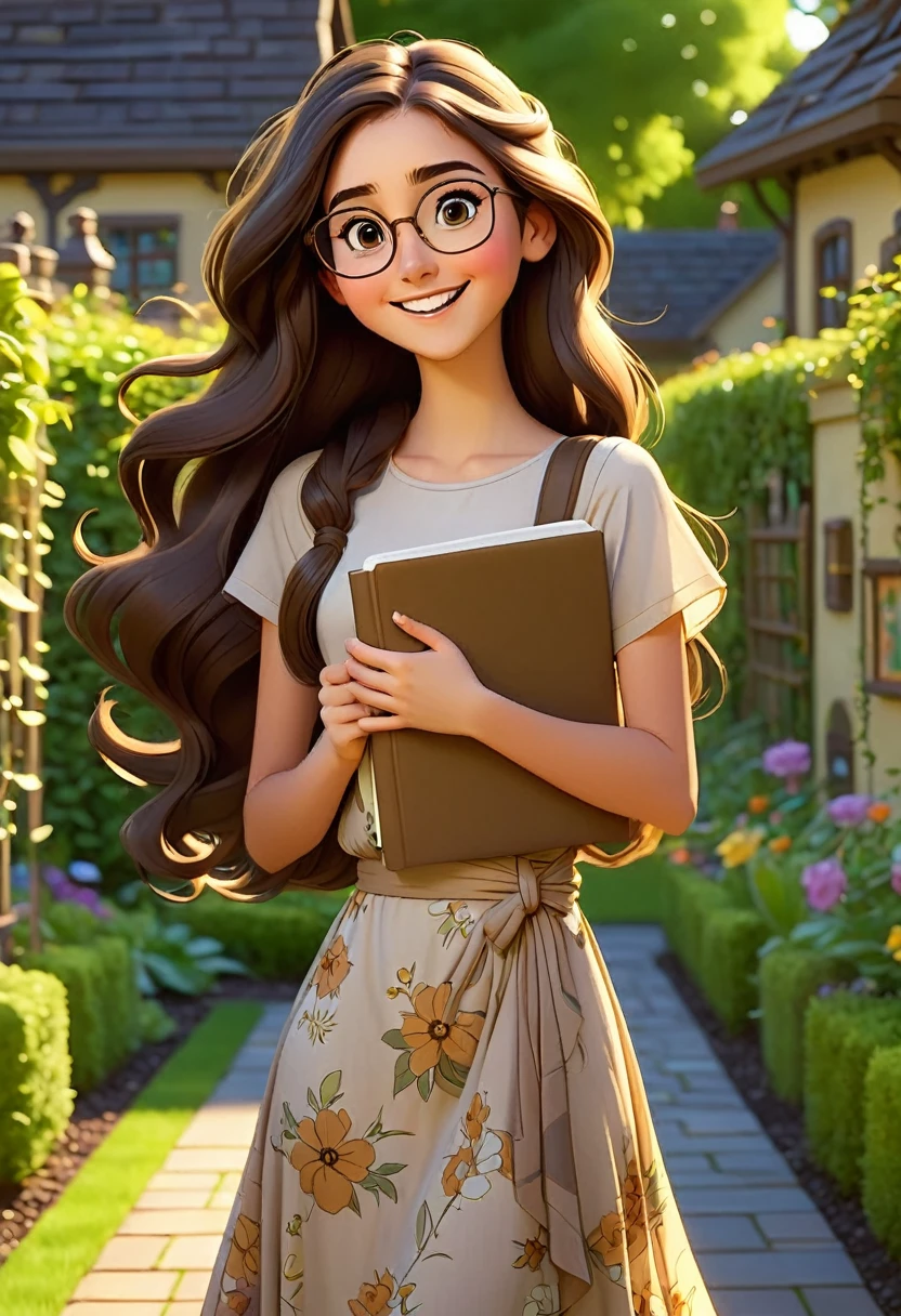 an 18 year old, tall lean brunette, long hair wrapped around the waist, eyes browns, large bronze square metal glasses, notebooks in hands side bag, long dress garden background joyful expression, cartoon pixar style