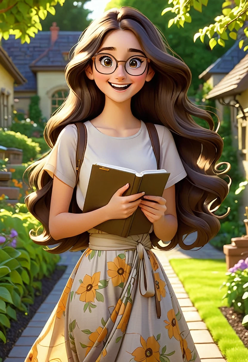 an 18 year old, tall lean brunette, long hair wrapped around the waist, eyes browns, large bronze square metal glasses, notebooks in hands side bag, long dress garden background joyful expression, cartoon pixar style