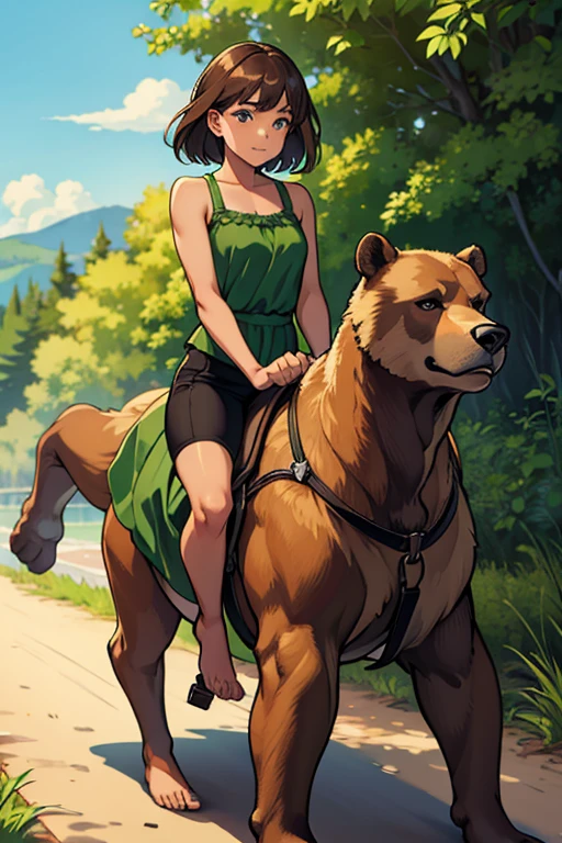 girl in green dress, black pants, barefoot, brown hair, tanned skin, riding a bear