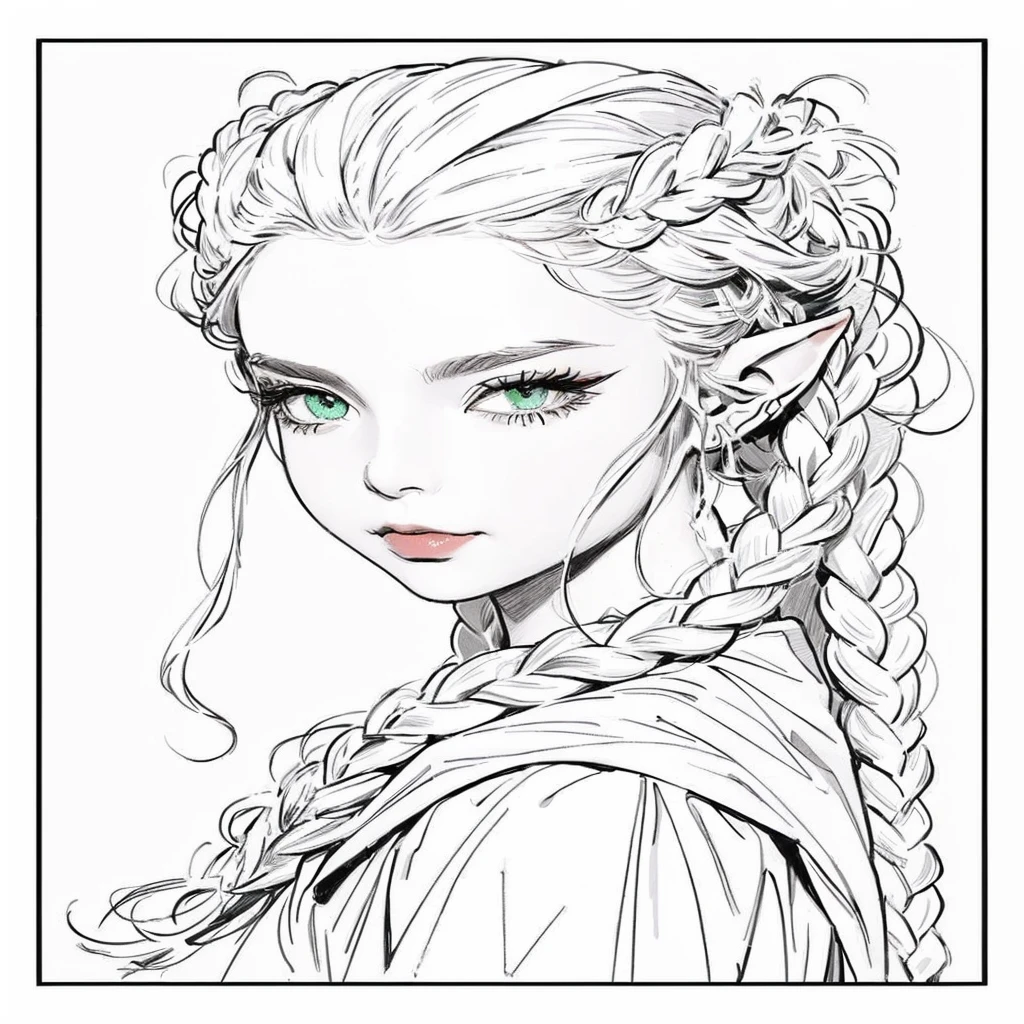drawing of a woman with braids and braids, beautiful line art, art drawing , extremely thin ink lineart, perfect line art, lineart limpo, , detailed line drawing with clean ink, intense line art, lineart simples, linhas limpas, detailed line art, beautiful elf with ornate robes, detailed matte fantasy portrait,  Red hair, bright green eyes,rosy lips,