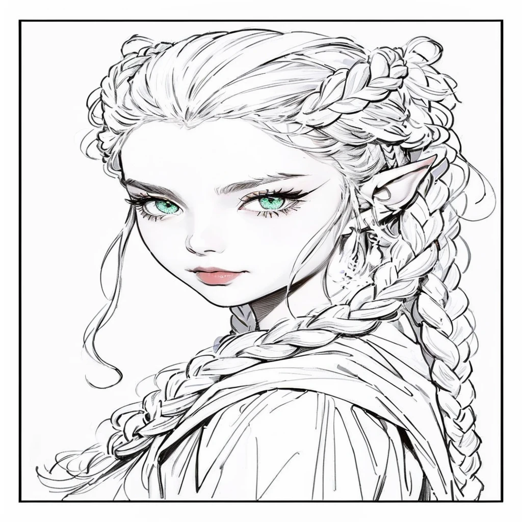 drawing of a woman with braids and braids, beautiful line art, art drawing , extremely thin ink lineart, perfect line art, lineart limpo, , detailed line drawing with clean ink, intense line art, lineart simples, linhas limpas, detailed line art, beautiful elf with ornate robes, detailed matte fantasy portrait, Red hair, bright green eyes,rosy lips,