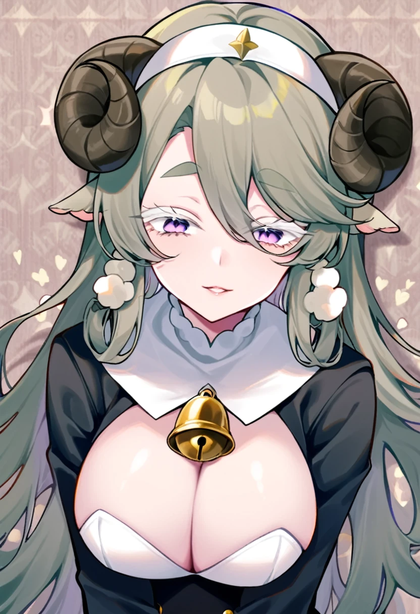score_9, score_8_up, score_7_up, score_6_up, stone wall background,1girl, solo, ((masterpiece), best quality, expressive eyes, perfect face, sheep horns curls around ears, sheep ears, nun, stylized nun uniform, fancy patterns on uniform, pale skin, cute girl, busty girl, sheep girl, sheep bell, dill hair, thick eyebrows, soft eyes, thick eyelashes, lace